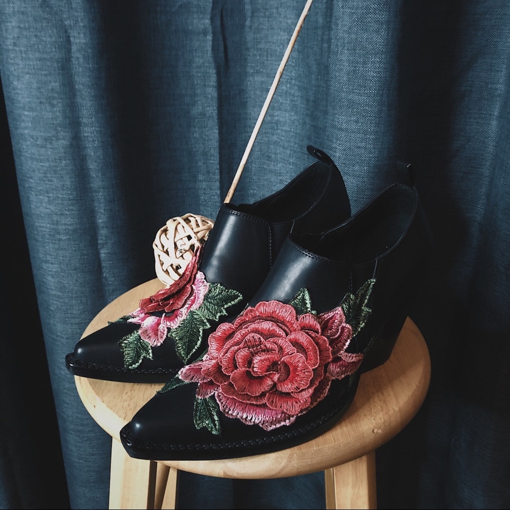 Jeffrey Campbell Black Ankle Boots with Red Floral Embroidery